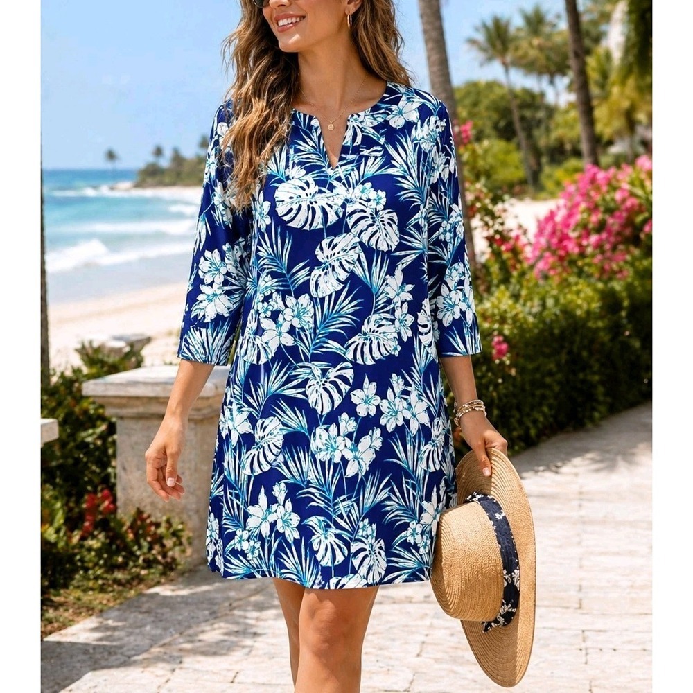 Stella Parker Summer Dress L UPF 50 Tropical Blue Shift Beach NWT